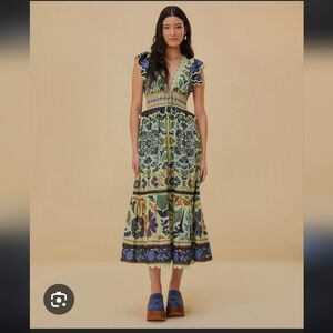 FARM Rio Green and Blue Patterned Midi Dress